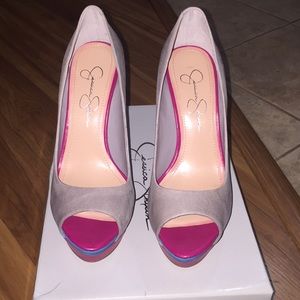 Gently used pink blue and grey heels